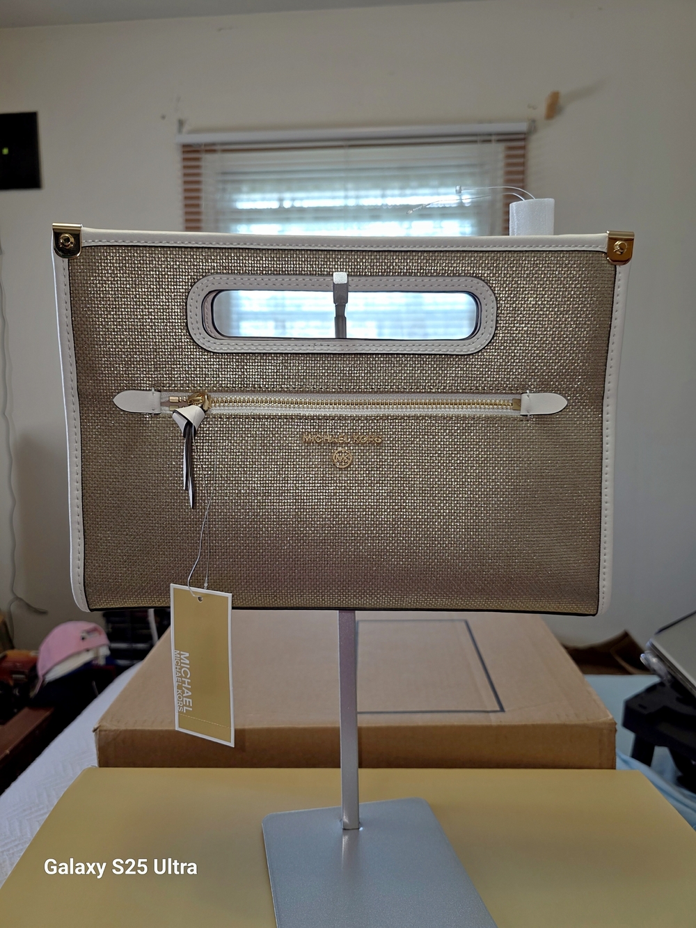 Michael Kors Jane Large Metallic Cotton Canvas Clutch In Optic White/Pale Gold